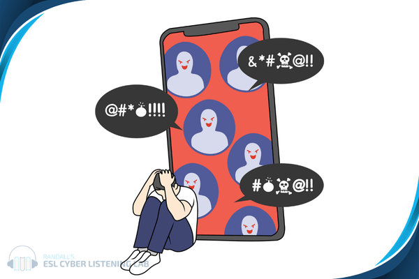 Person sitting in front of a giant smartphone. The smartphone seems to be showing hateful comments.