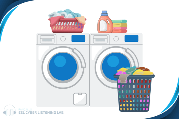 Washer and dryer set. There are two laundry baskets, laundry soap, and cleaning rags.